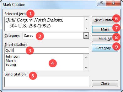 Mark Citation dialog annotated